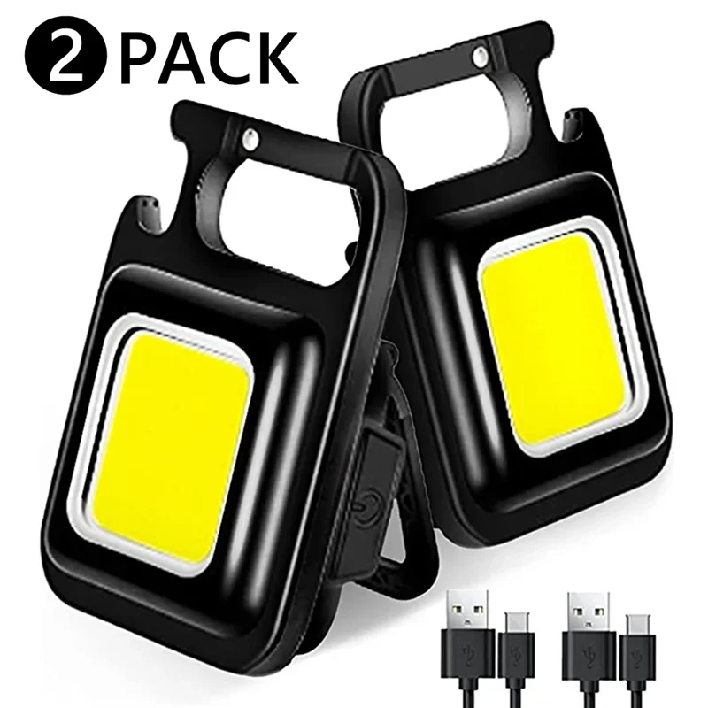 2Pcs Magnetic COB Keychain Light 800Lumens Bright USB Rechargeable Flashlight 3 Light Modes Portable Folding Bracket Work Lamp