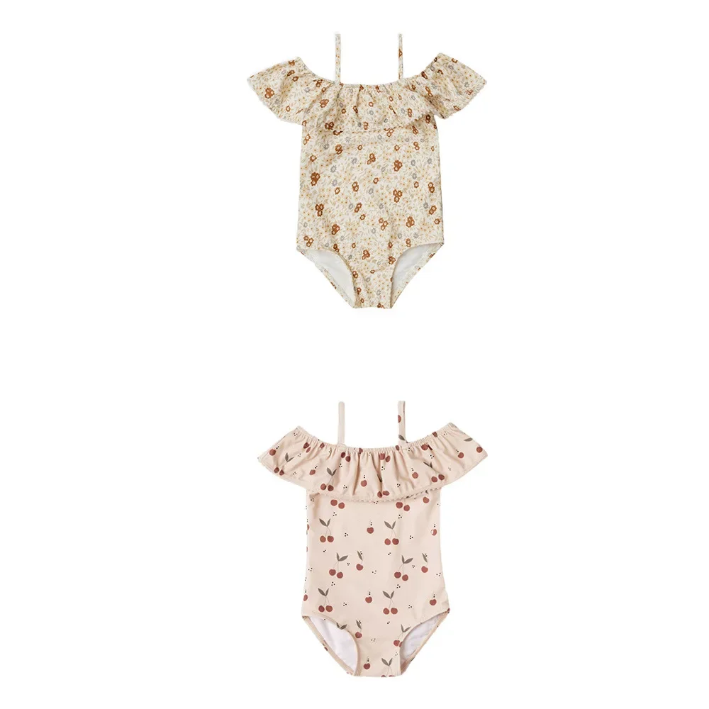 

2025 Summer Baby Girls One-piece Swimwear Striped Printed Backless Toddlers Kids Beach Bikini Suspenders Swimsuits
