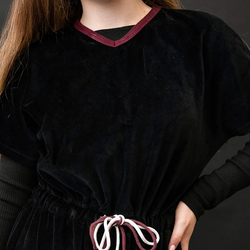 Schabbat-Kleid für Teenager/Frauen, Winter-Robe mit Kurzen Ärmeln, 2 Kordelbändern, Mädchen Schwarzes Velours-Kleid, Größen XS-XXXL – Detail 7