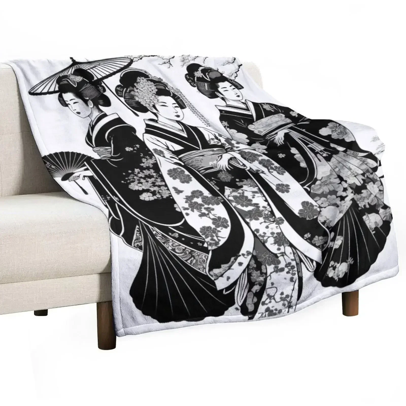 Beautiful Geisha in Black and White Throw Blanket Furrys Giant Sofa Thermals For Travel Camping For Decorative Sofa Blankets