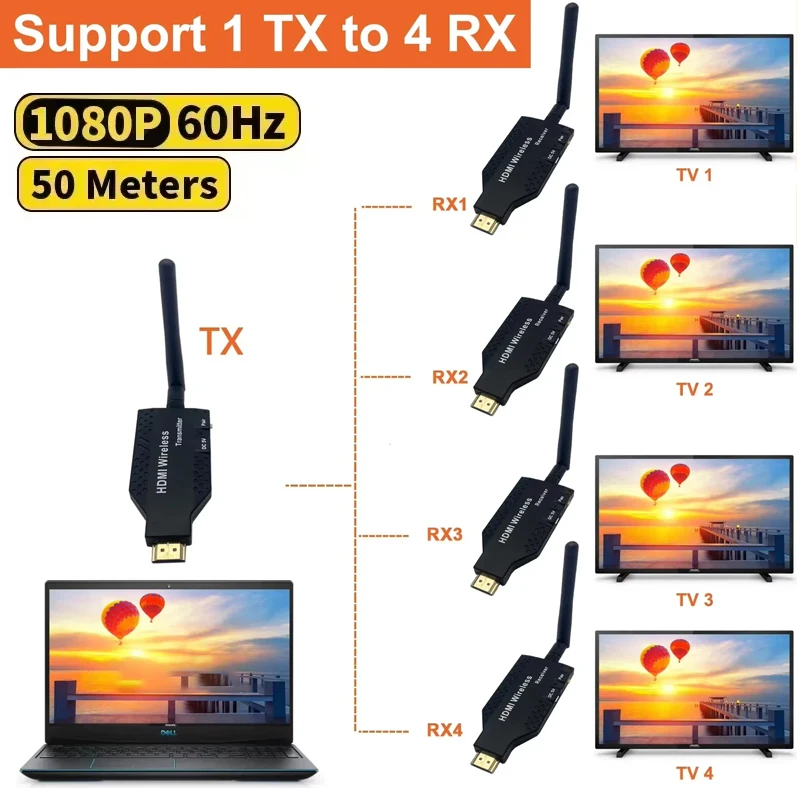 1080P 50m Wireless HDMI Extender 1 TX to 4 Splitter Audio Video Transmitter Receiver for PS4 Camera Laptop PC to TV Projector