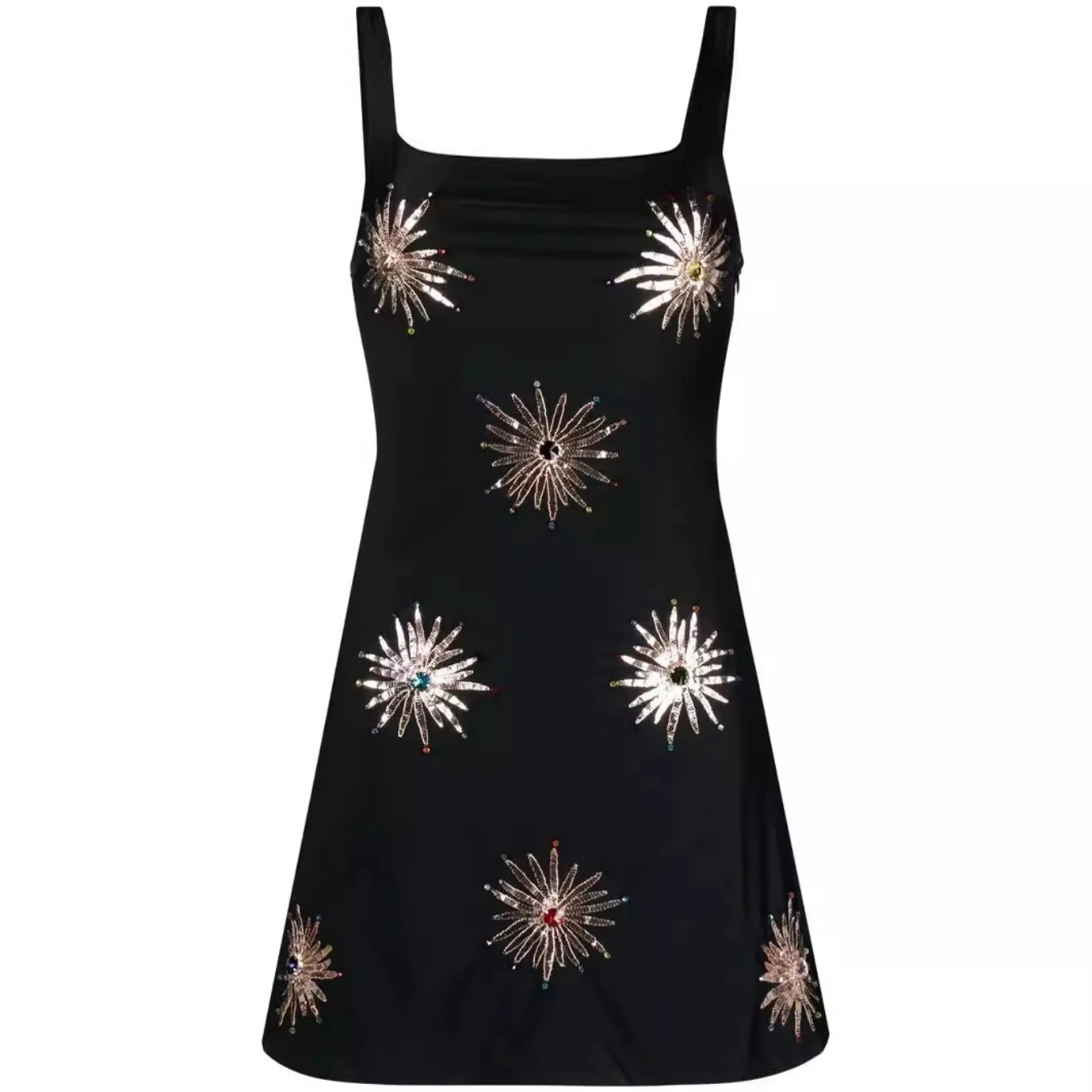 Spring New Sexy Shiny Sequins  A-Line Dress  Square Collar Sleeveless Little Black Dress Women Fashion  Mini Dresses 2024