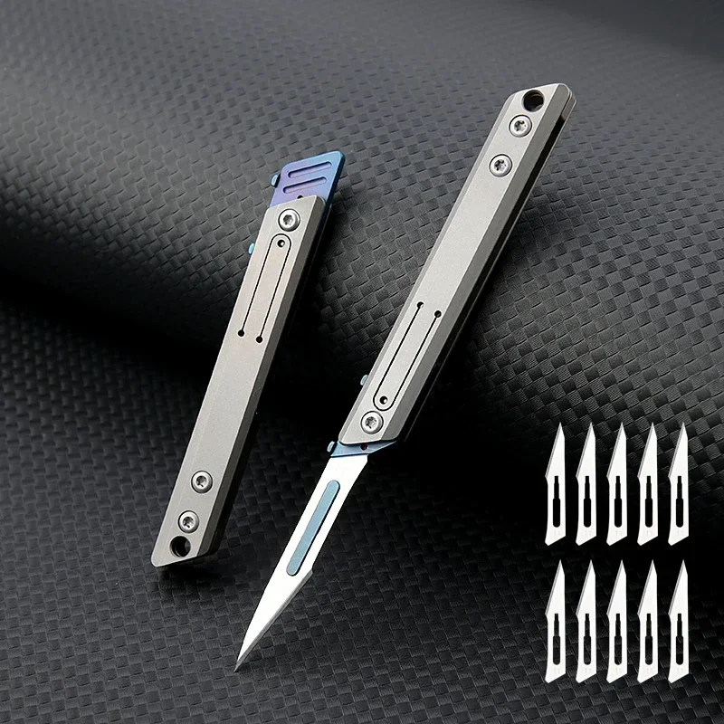 Mini Titanium Alloy Folding Surgical Knife, Medical Outdoor Open Box Portable Surgical Knife with 10pcs Replaceable Blades