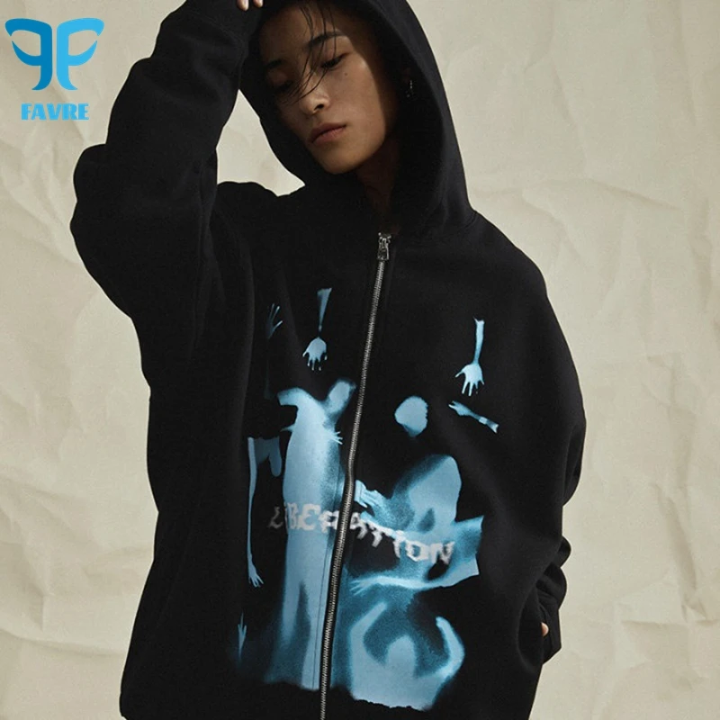 FAVRE Ghost Print Sweatshirts Y2K Men Casual Letter Hoodies Spring Autumn Vintage Cardigan Europe and America Loose Ins Outwear