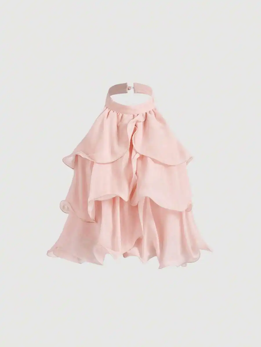 

Pink Multi-Layered Ruffle Halter Crop Top for Women, Lightweight Chiffon, Backless Party Blouse