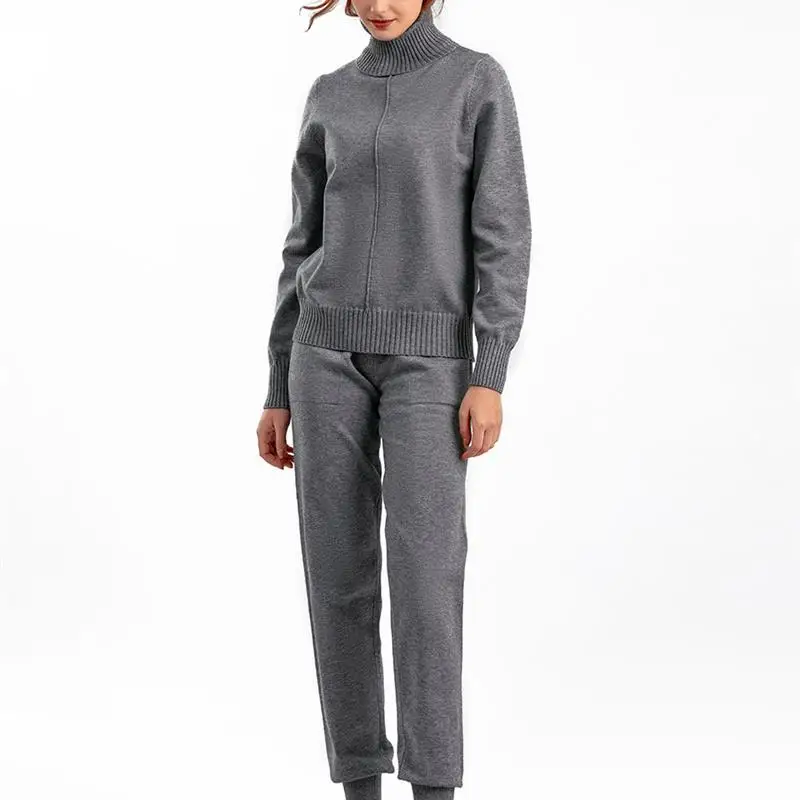 Setelan Rajut Modis Dua Potong Warna Polos Kasual untuk Musim Gugur dan Musim Dingin, Pakaian Wanita yang Nyaman