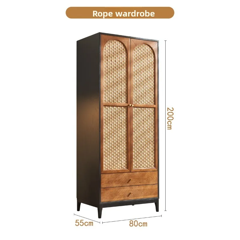 medieval solid wood rattan wardrobe, storage wabi-sandy retro cabinet, bed and breakfast bedroom double door coat cabinet