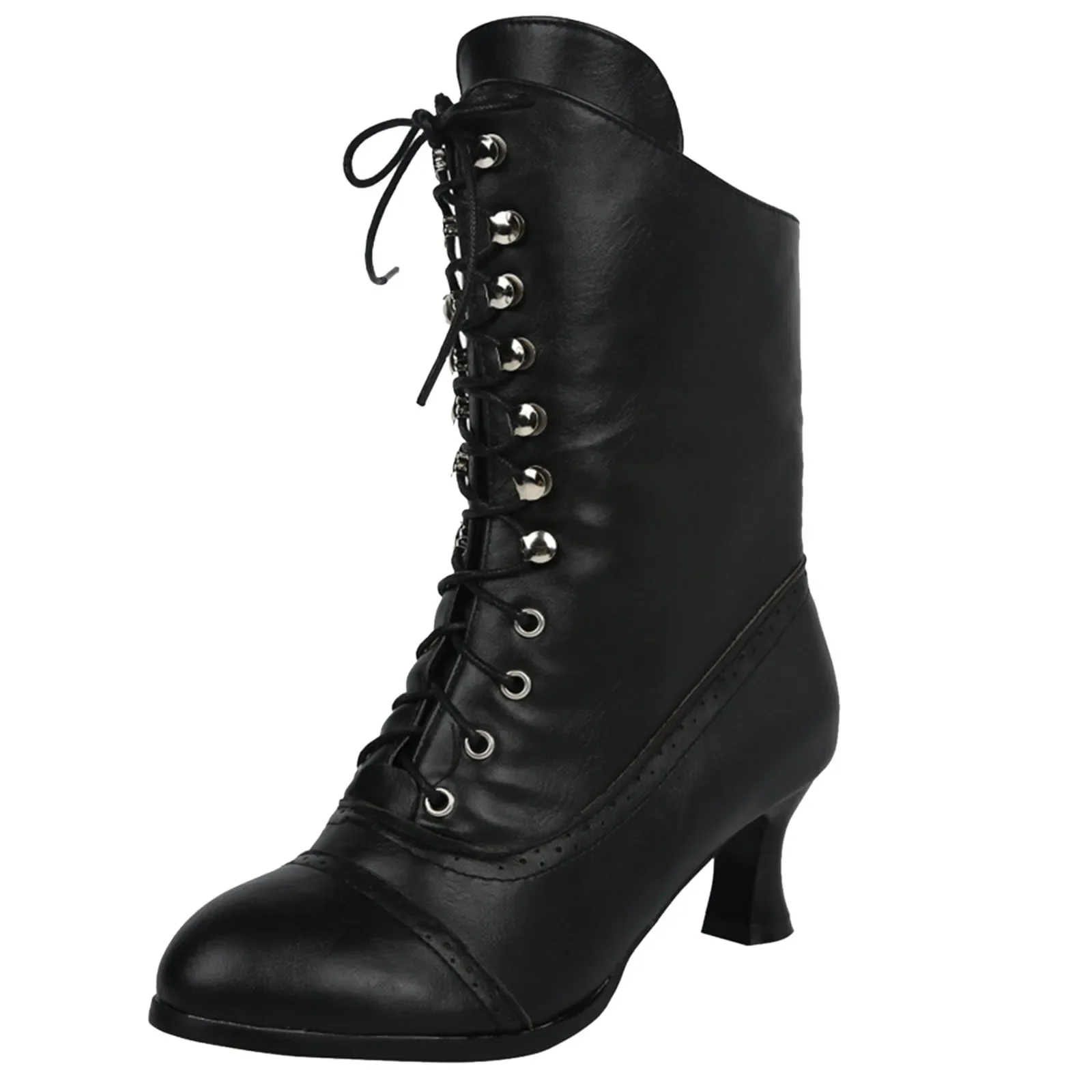 Botas vitorianas de salto baixo para mulheres, dedo do pé redondo, couro PU, sapatos femininos com renda, streetwear retrô legal, botas de inverno, moda, nova