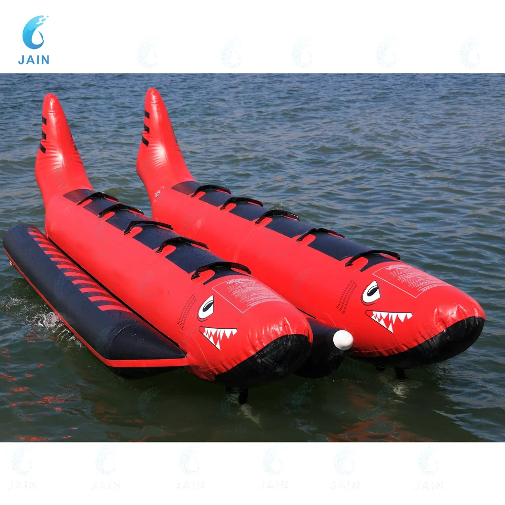 10-Player Red Shark Inflatable Flying Fish Banana Boat - Heavy-Duty Towable Water Game for Group Water Sports