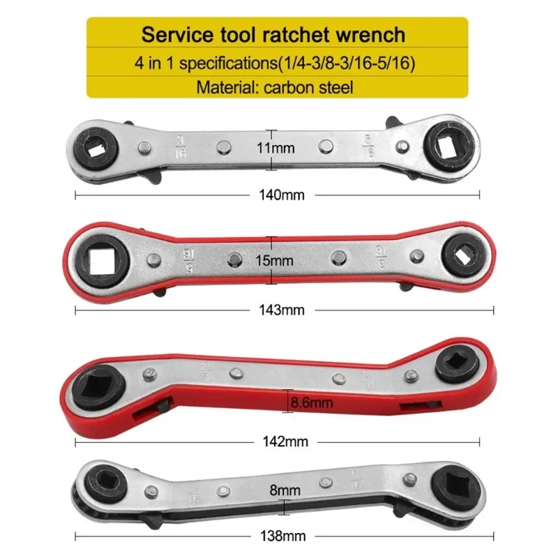 4 Different Sizes - 1/4 x 3/16 x 3/8 Square Ratchet Wrench 5/16 Spanner Refrigeration Adjustable Conditioning Service Wrench