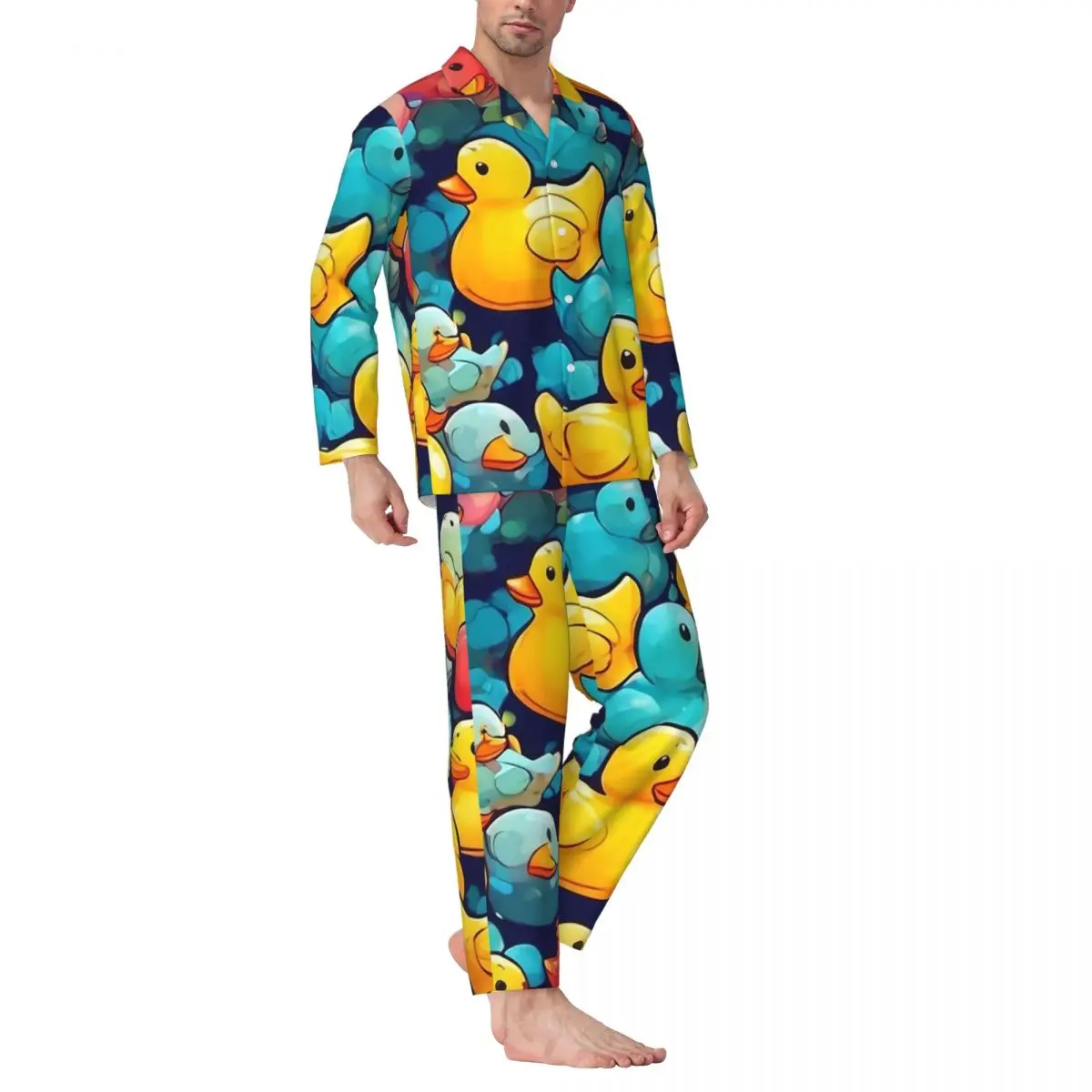 Rubber Ducks Pajama Set Bath Duck Cartoon Cute Soft Sleepwear Unisex Long-Sleeve Casual Loose Daily 2 Pieces Home Suit Plus Size