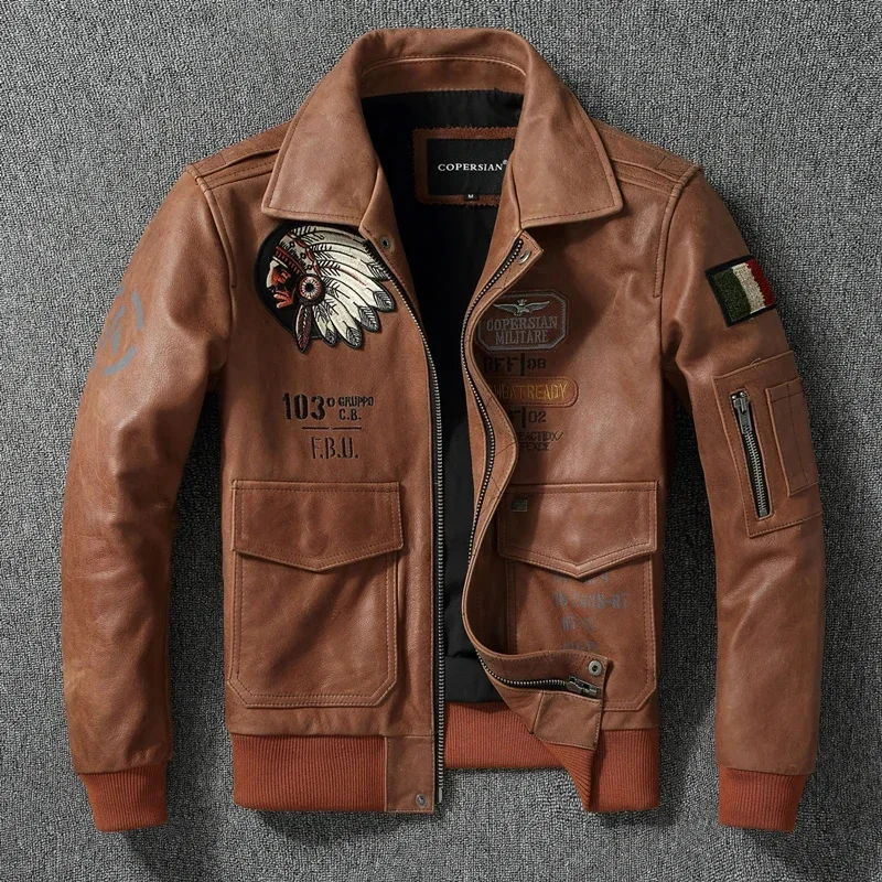 2025 latest Indian Embroidery Flight Suit Pure Top layer Cowhide Leather Jacket Men's Oversize Motorcycle Slim Coat