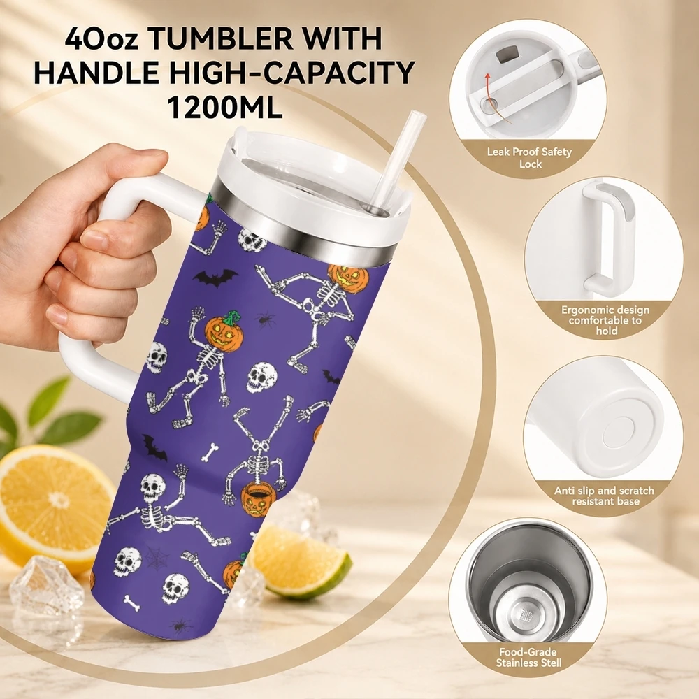 Halloween Skeleton Vacuum Flasks 40oz Stainless Steel Travel Tumbler with Handle Straw Lid Double Wall Vacuum Insulated