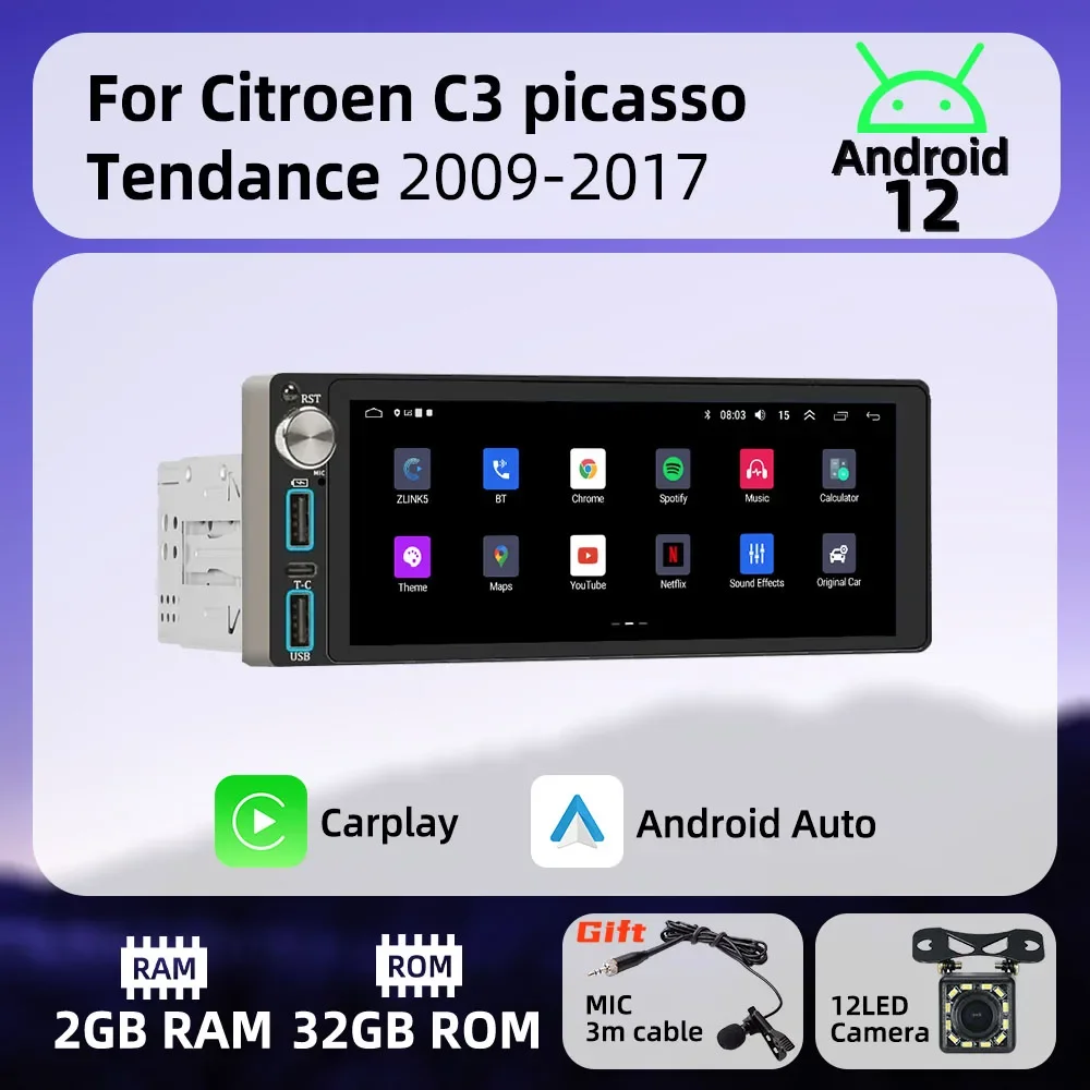 Carplay Autoradio 1 Din Radio Android Car Multimedia for Citroen C3 Picasso Tendance 2009-2017 Stereo Head Unit GPS Navigation