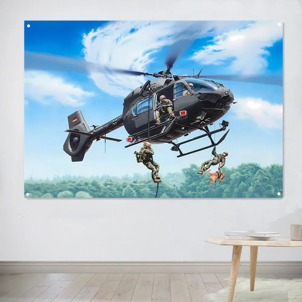 Military Helicopter Rescue Mission Tapestry 2D Flat Wall Art with Soldiers and Dog for Bedroom Living Room Action Decor