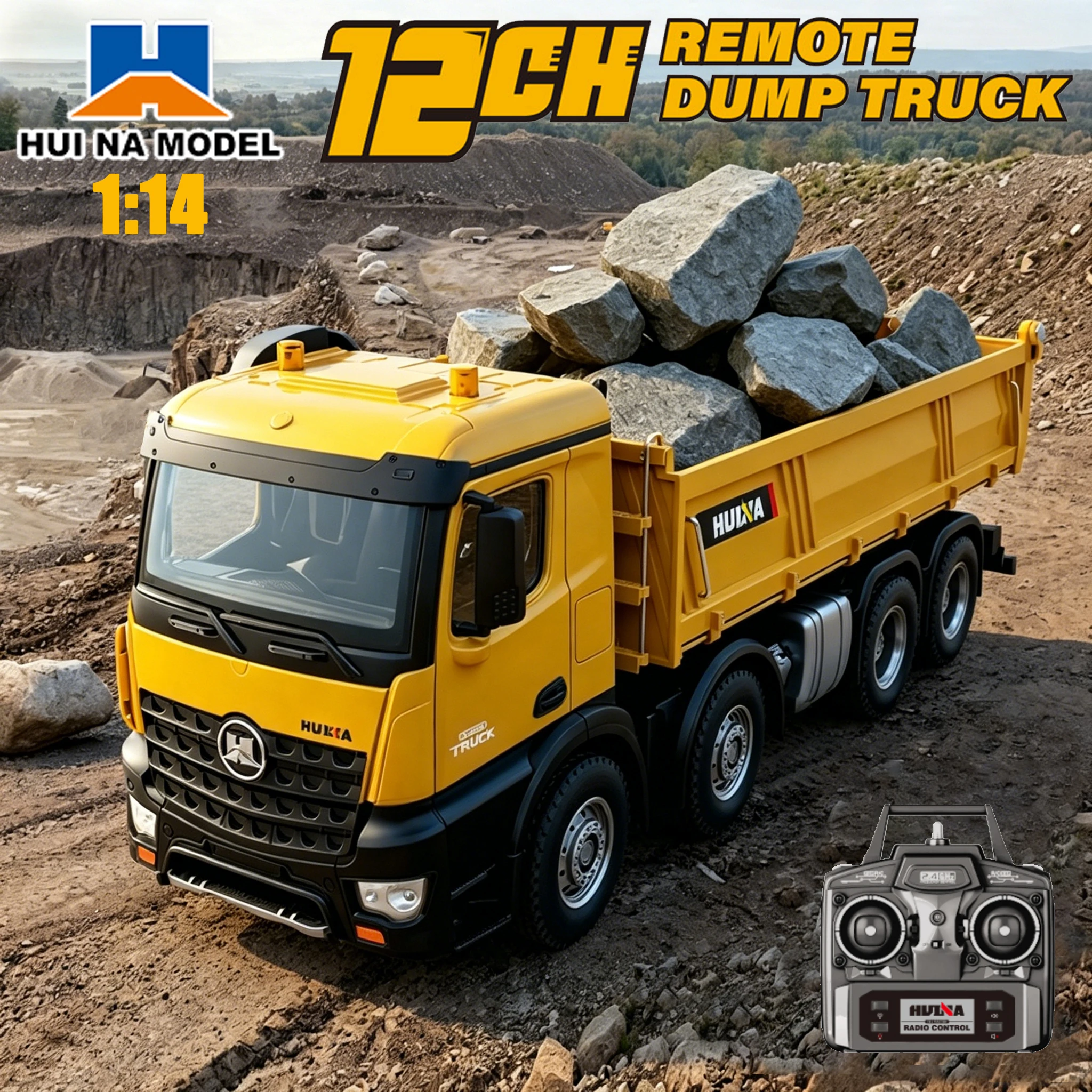 

HUINA 1:14 12 Channel Alloy RC Dump Truck With Tilting Dump Bucket Remote Control Engineering Tipper Truck Liftable Cargo Bed
