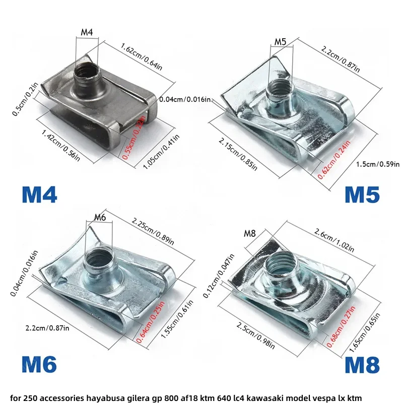 10pcs Motorcycle M8 M6 M5 M4 U Type Clips Thread Reed Nuts  for 250 accessories hayabusa gilera gp 800 af18 ktm 640 lc4