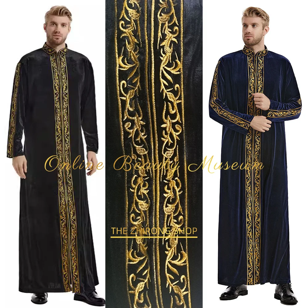 

Saudi Arabia men's embroidered velvet robe premium stand collar Muslim holiday wedding clothing black and navy blue