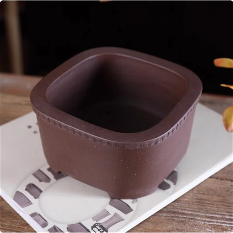 Ceramic Round Angle Square Bonsai Pot, Flower Planting Pot,Purple Sand,Home Sill Indoor Decoration