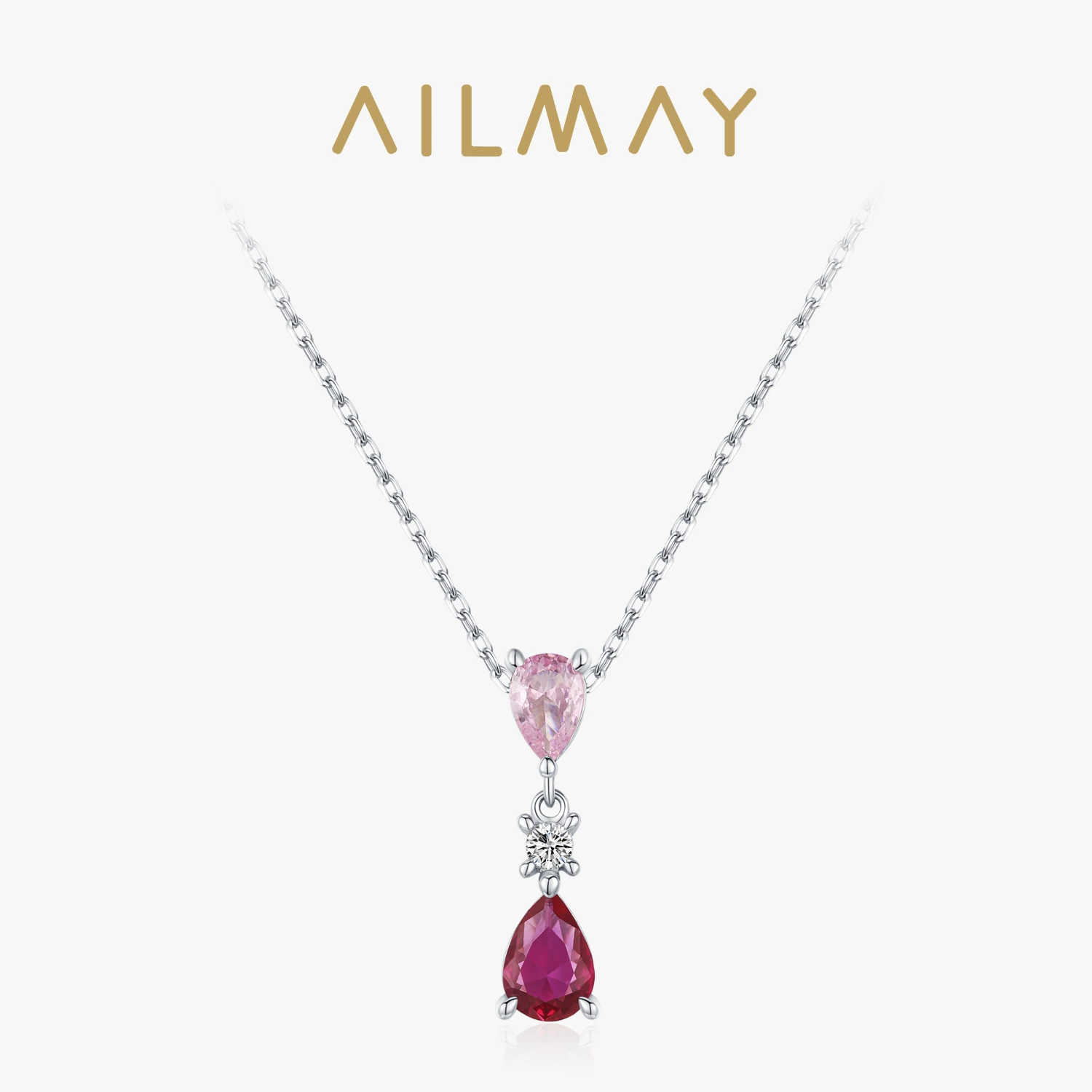 

Ailmay 925 Sterling Silver Water Droplet Sweet Pink Zircon Pendant Necklace For Women Romantic Valentine's Day gift