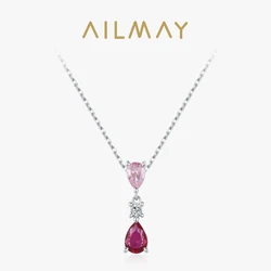 Ailmay 925 Sterling Silver Water Droplet Sweet Pink Zircon Pendant Necklace For Women Romantic Valentine's Day gift