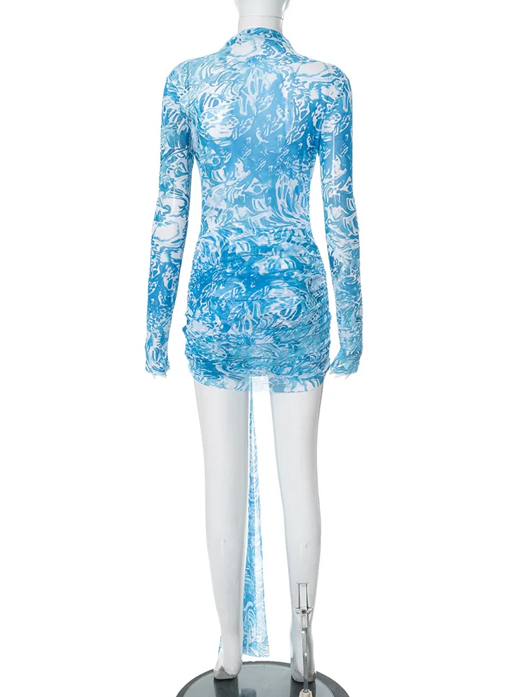 سيدة أنيقة التباين اللون شريط مطبوع فستان 2025 الصيف المرأة طويلة الأكمام الوقوف الرقبة Bodycon مثير نادي فساتين صغيرة للحفلات