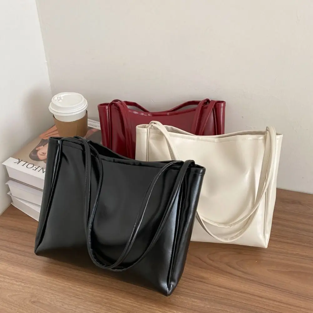 Retro Korean Style PU Shoulder Bag Solid Color Large Capacity Waterproof Tote Bag French Style Handbag Underarm Bag Girls