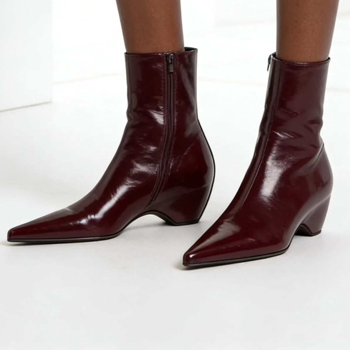 

Women's Burgundy Leather Ankle Boots Fashion Pointed Toe Wedge Heel Short Boots Elegant Slip-On Dress Boots Office Size 35-43