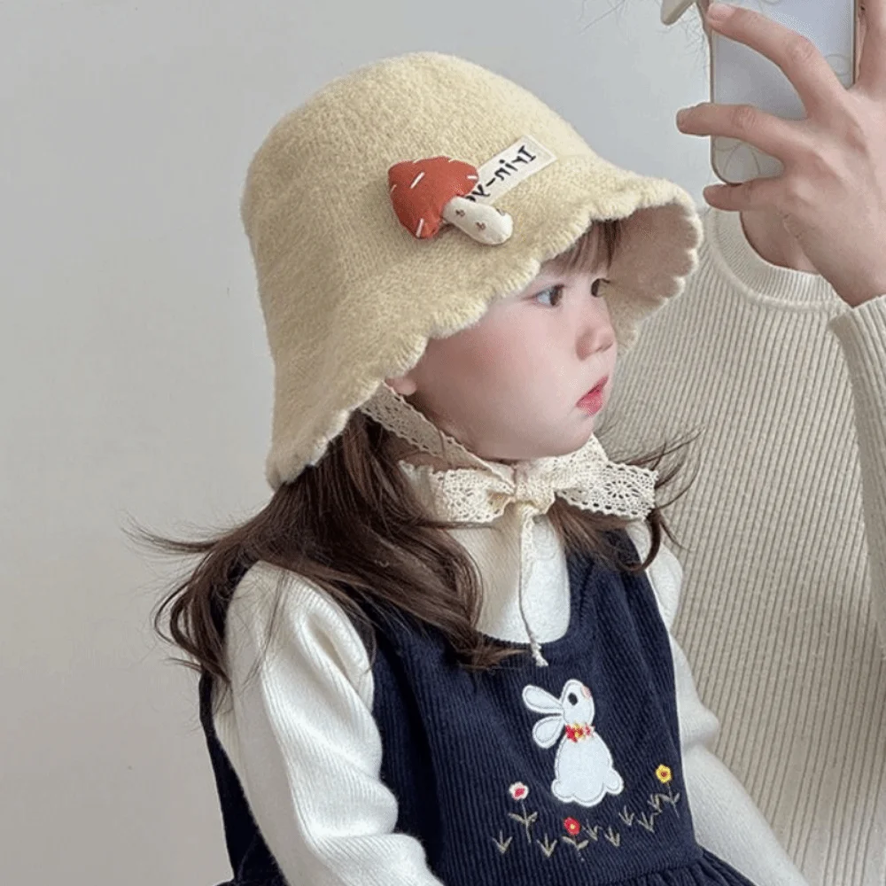 Soft Kids Warm Knitted Hat Solid Color Mushroom pattern Curled Fisherman Cap Lacing Up Windproof Baby Bucket Hat