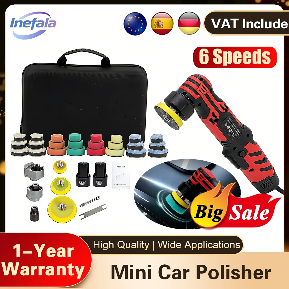 Podofo Mini Autopolierer 12V Kabelloser Multifunktions-Poliermaschine mit 6 Geschwindigkeiten und 3 Aufsätzen für Scheinwerfer, Räder, Kofferraum