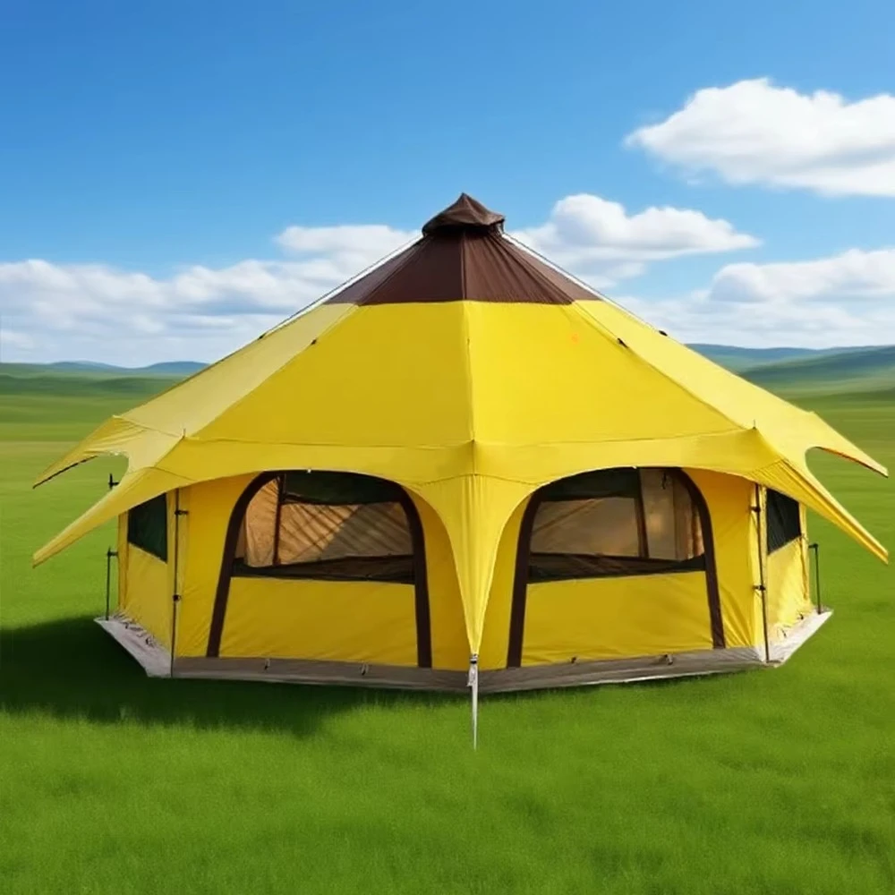 STLF Yellow Hexagonal UV-Resistant Mongolian Yurt Tent Large Space Four-Season Waterproof Family Outdoor Camping Tent