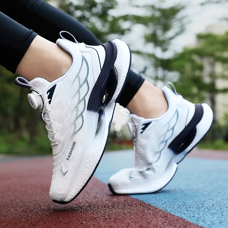 أحذية رياضية رجالية 2025 بزر دوار، أحذية جري شبكية قابلة للتنفس بنعل سميك، امتصاص للصدمات، منخفضة الارتفاع لجميع المواسم