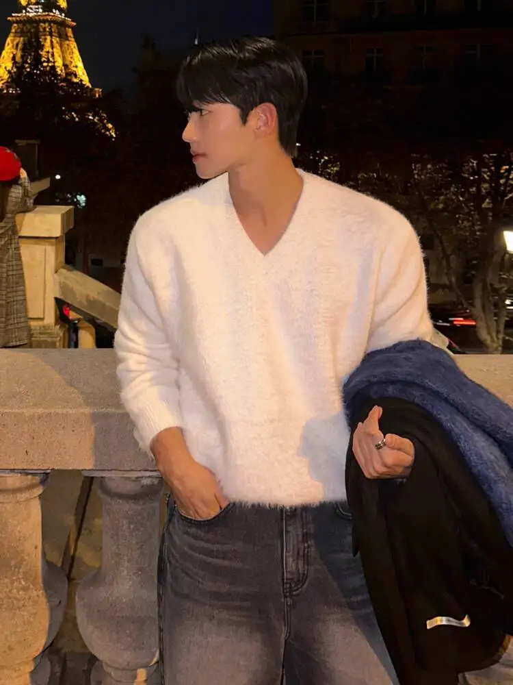 

SYUHGFA 2025, зимние нишевые дизайнерские мужские свитера из норки с круглым воротником, однотонные вязаные топы, пуловер, свободная мужская одежда