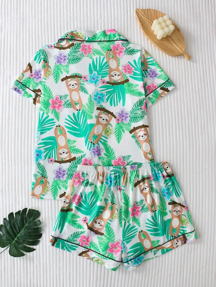 

2pcs Sloth Print Women Pajama Set Lapel Button Short Sleeve Top Elastic Waist Shorts