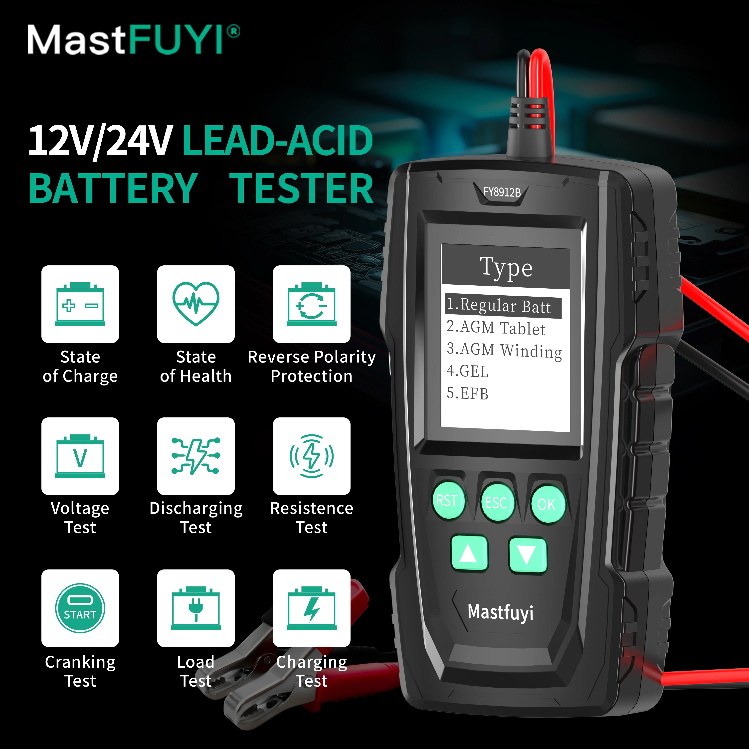 MASTFUYI FY8912B Professional 12V/24V Car Lead-Acid Battery Tester System Analyzer SOH,SOC,CCA,IR Comprehensive Diagnostic Tool 