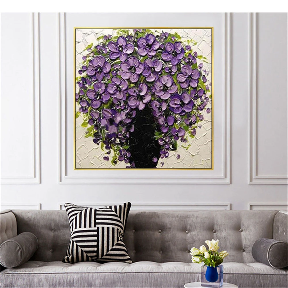 New Design Hand Painted Modern Knife Oil Painting On Canvas Thicknes Purple Flowers Wall Art Picture For Home Hotel Decor Mural