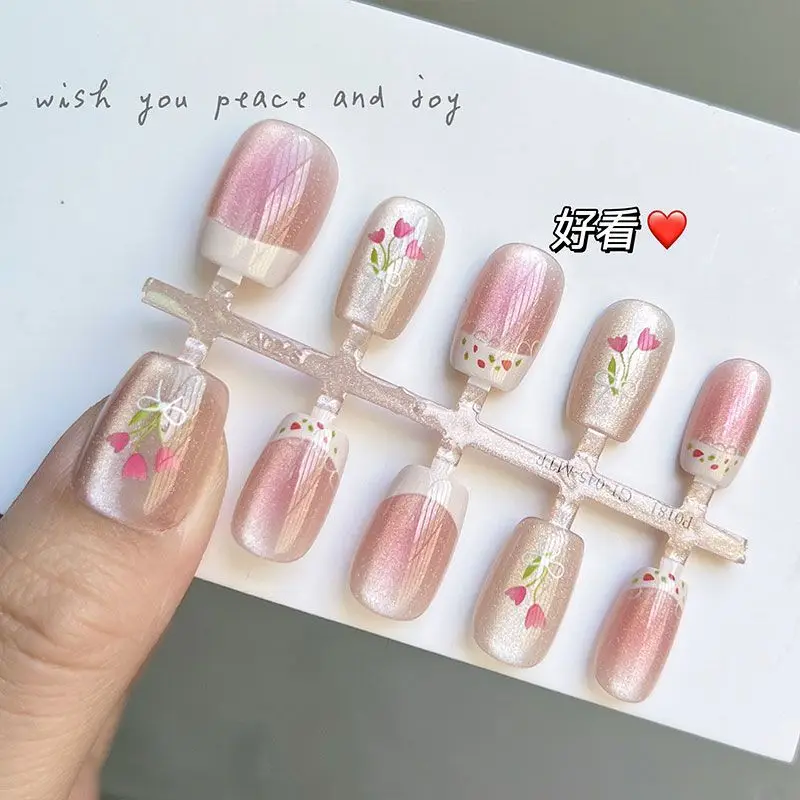 

10pcs Handmade Press On Nails With Pink Tulip Printed Pastoral Style Fake Nails Almond Shape Wearable French Short False Nails