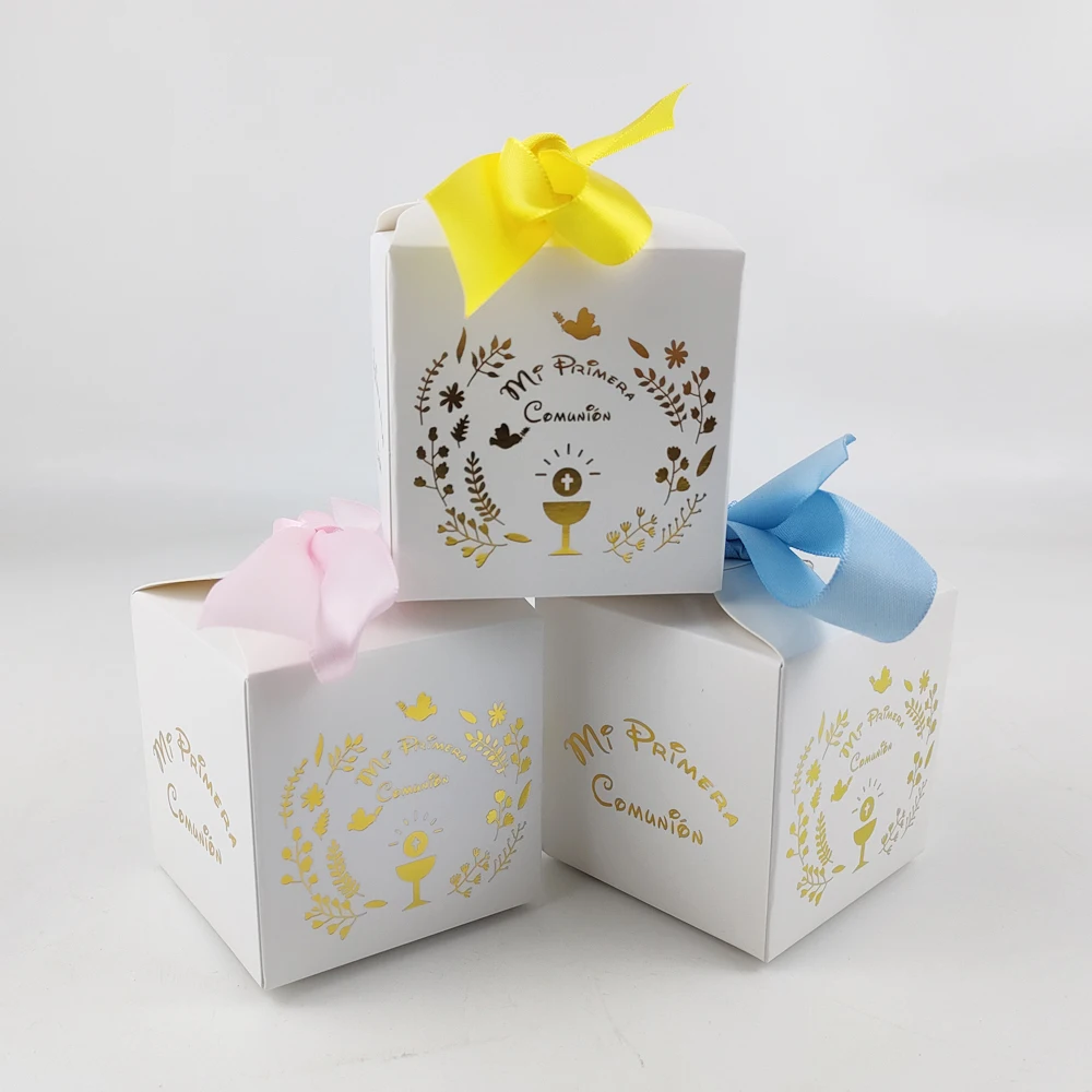 20 pieces 6.5x6.5cm Hot Stamping Mi Primera Comunión Gift Box For Spanish First Communion Party Decoration