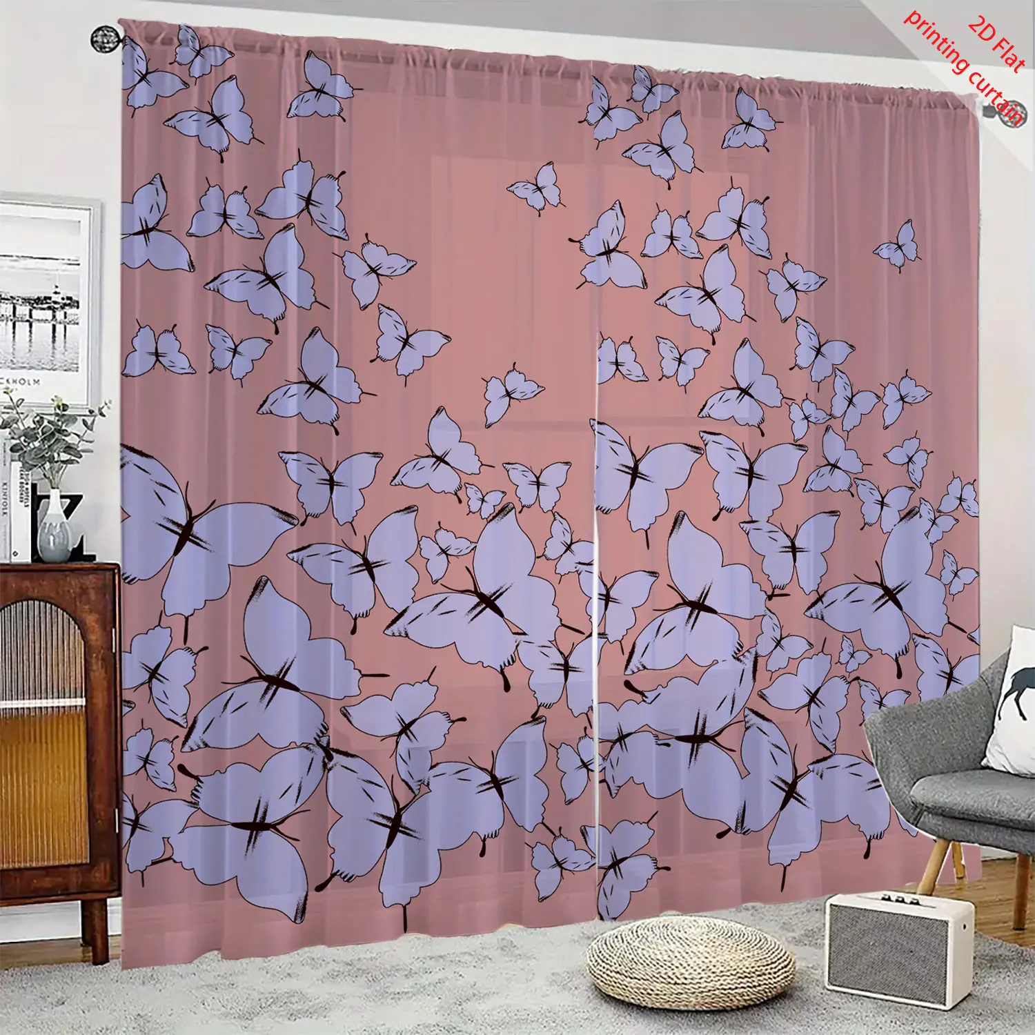 Butterfly Flower Printed Transparent Gauze Curtain for Bedroom Living Room Balcony Windows Aesthetic Home Art Decor