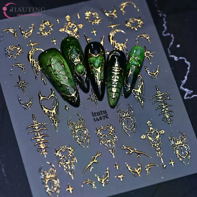 Purple Cat's-eye Spider Foil Stamping Nail Stickers 3D Lava-style Cutout Heart Nail Decals Self-adhesive Halloween Nails