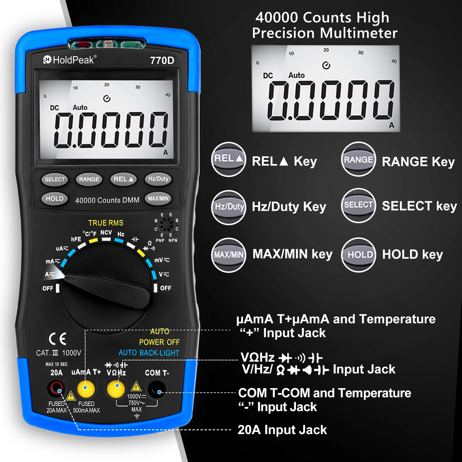 Digital Multimeter Auto Range TRMS DC AC Meters ,40000 Counts Multimeter Tester Voltmeter Ammeter with High Precision, HP-770D