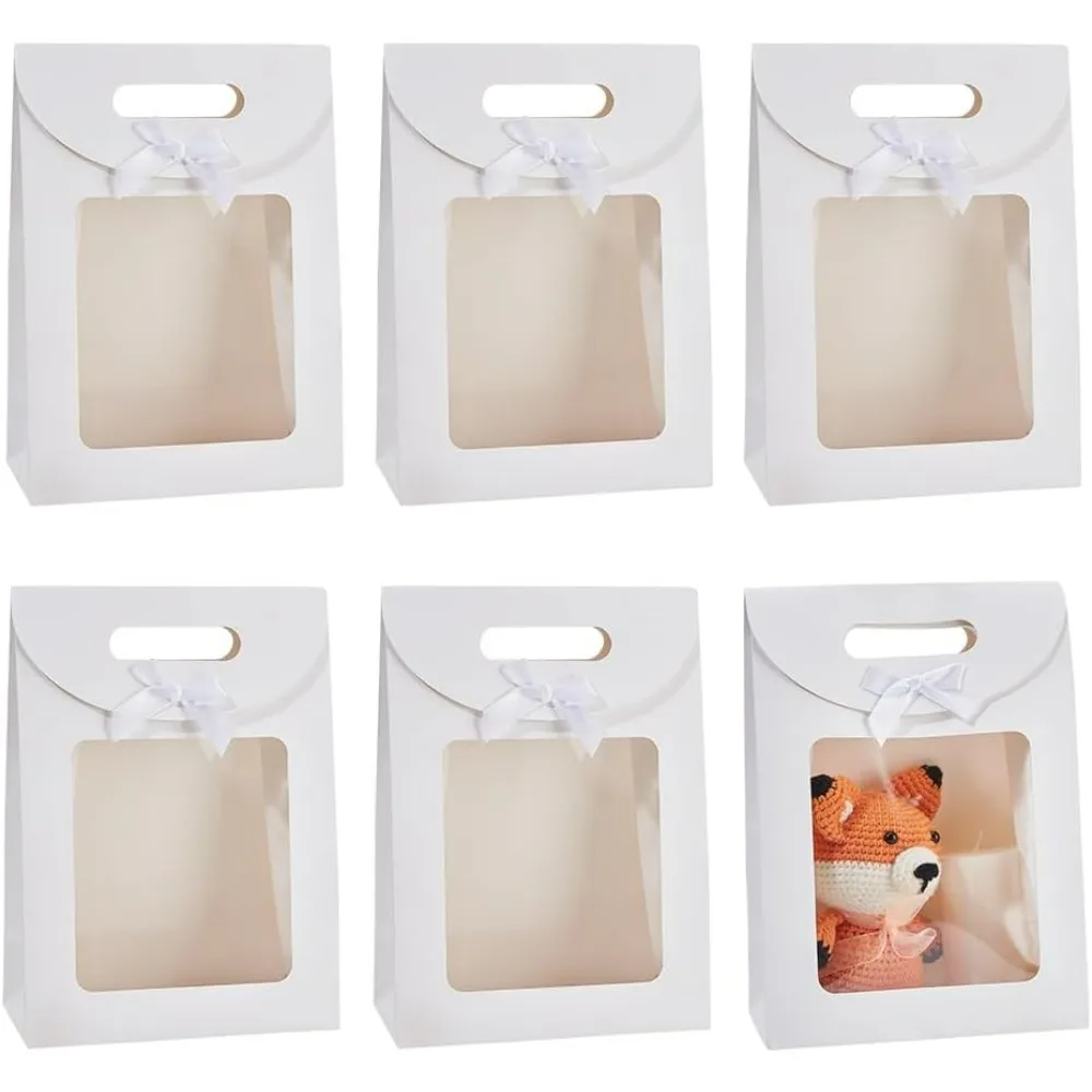 12 bolsas de papel Kraft con ventana, bolsa de regalo de pie de 7,48x3,54x10,43 pulgadas con lazo de cinta, bolsa de regalo pequeña para galletas de caramelo