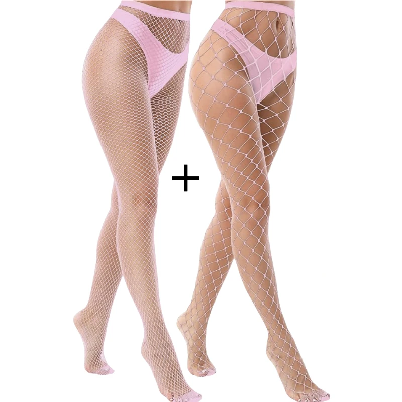 

2Piece High Waisted Pantyhose Set Big and Small Fishnet Thigh High Body Stockings Pink Red Plus Size Tights for Women Lady Gifts