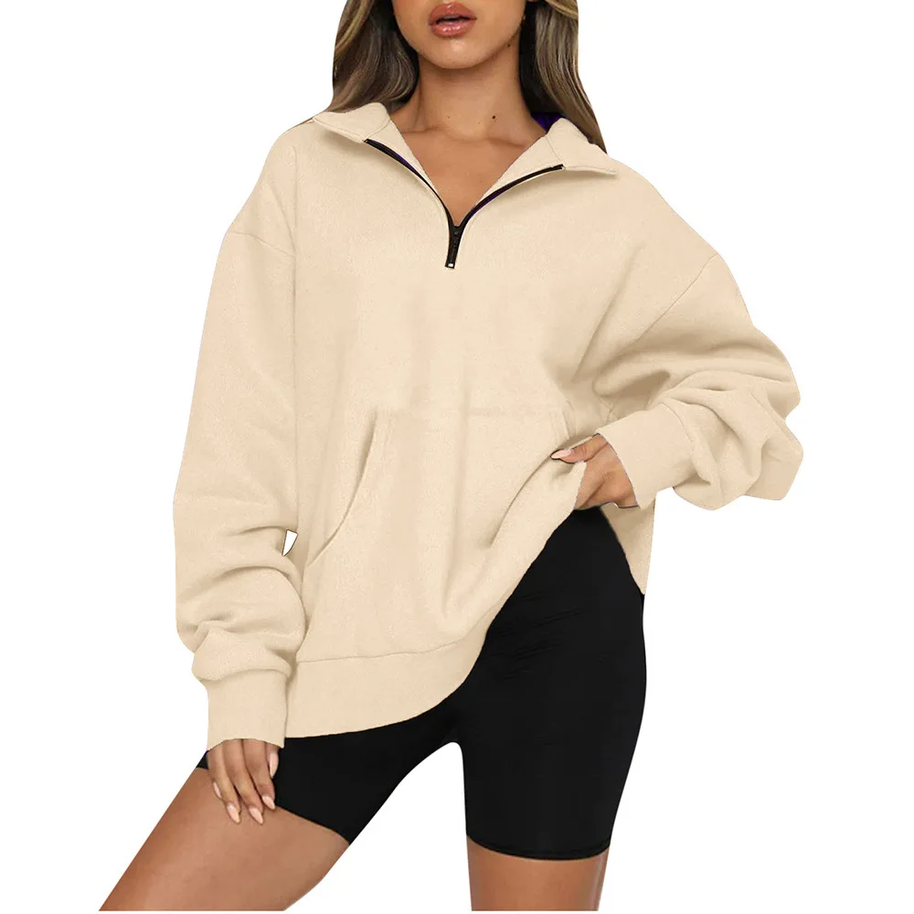 Stand Collar Casual Sweatshirts Half Zip Women Cropped Pullover Thumb Hole Oversized Hoodie Solid Color Plus Size Sports Outfit