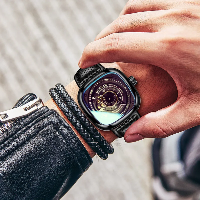 ساعة Glenaw ميكانيكية أوتوماتيكية بالكامل للرجال باللون الأسود، شخصية عصرية ومقاومة للماء