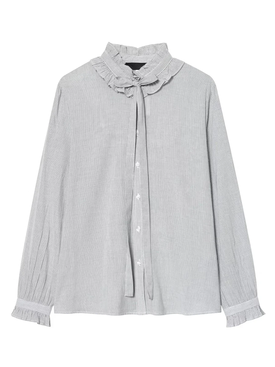 TWOTWINSTYLE قمصان مكتب أنيقة مخططة للنساء تكدرت طوق التعادل التفاصيل طويلة الأكمام تكدرت الكفة ضئيلة قميص الإناث الربيع