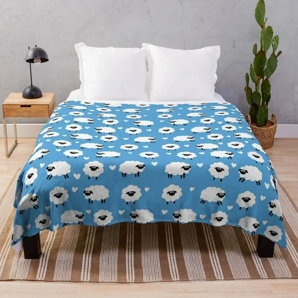 

Sheep and Hearts Pattern - Blue Throw Blanket Ultra Soft Flannel Fleece Blanket for All Seasons