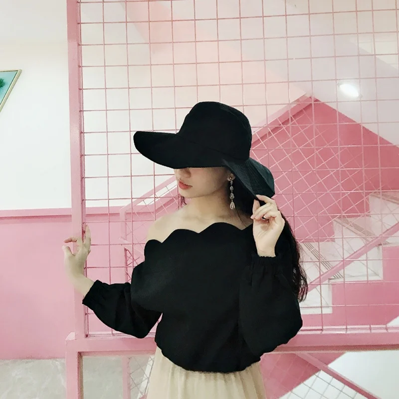 

Original Design We Bla Off-oulder Petal Collar Long Sve ort Length High Waist Women's irt with Batwing Sves