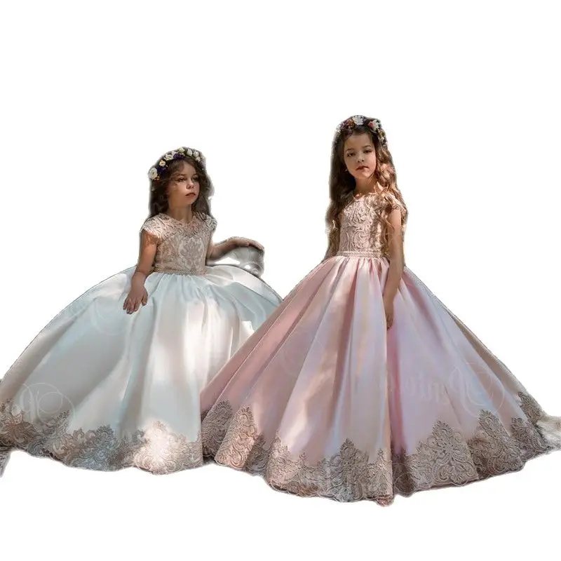 

Formal Golen Lace Princess Kids Flower Girl Dress for Wedding with Gold Lace Applique First Communion Party Tutu Birthday Dress