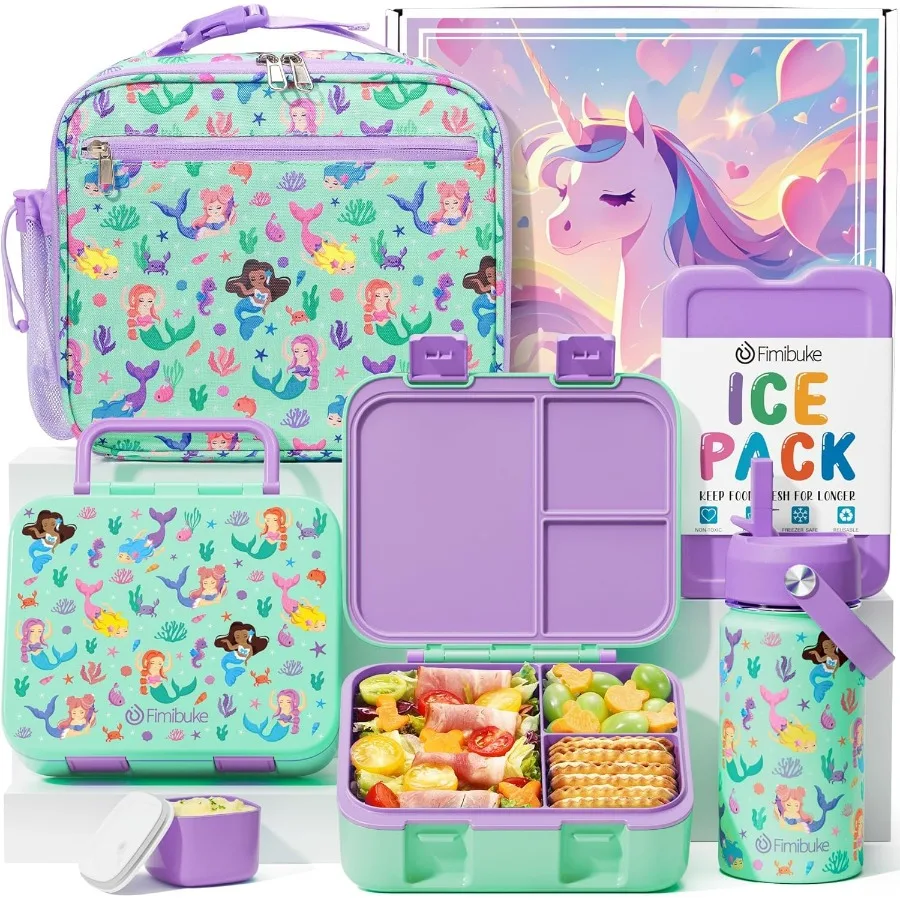 

Bento Lunch Box for Kids - Toddler Snack Bento Box Container with 3 Compartments, Stainless Steel Water Bottle, Insulated Lunch